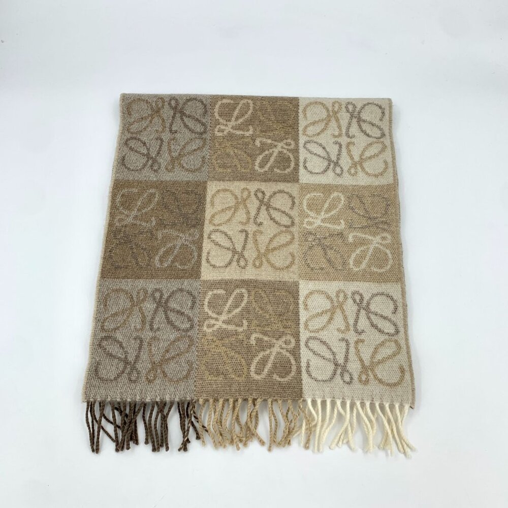 H16197 Loewe Wool Blend Scarf With Monogram Pattern & Fringe Trim